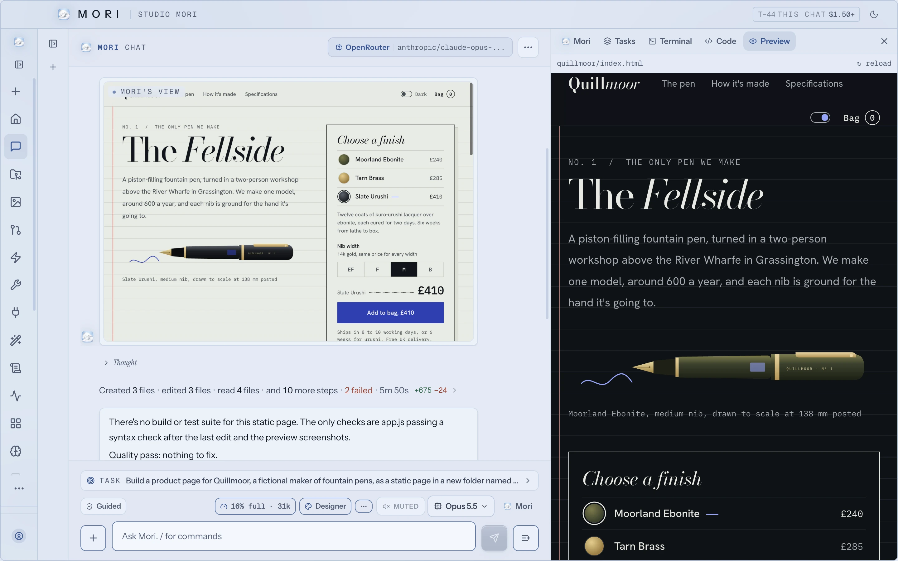 The Studio Mori desktop app after building a product page, with Mori's view of the page, a one-line summary of her steps, and a live preview beside it