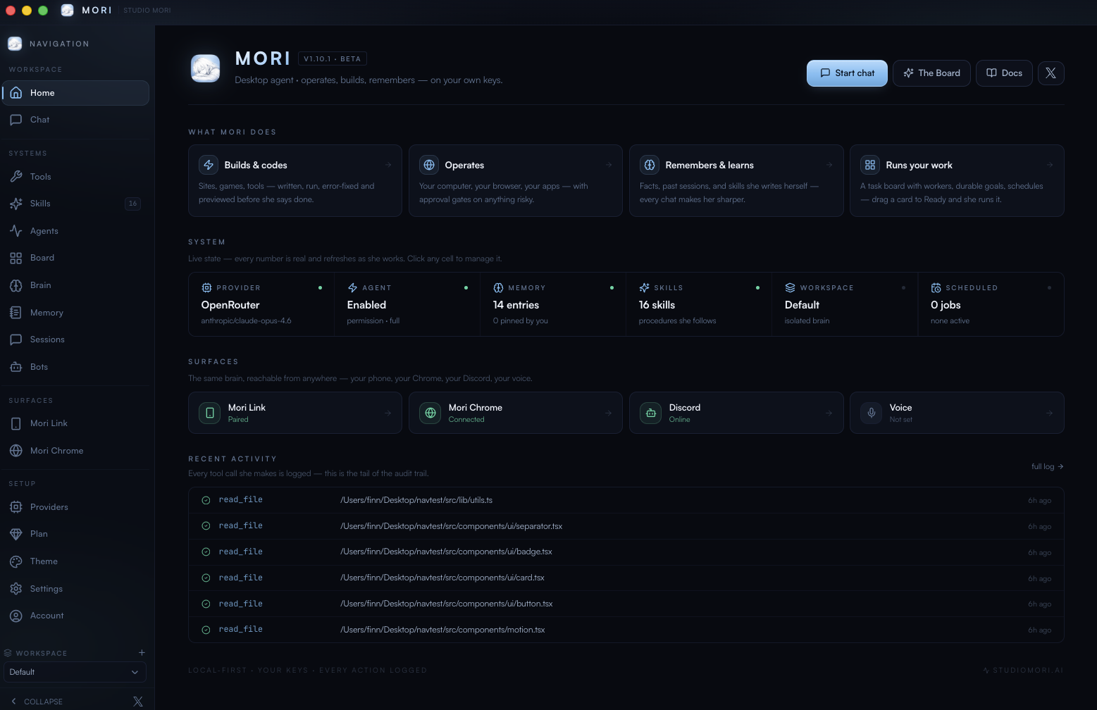 The Mori desktop app: tools, skills, agents, memory, and an audit trail of every action
