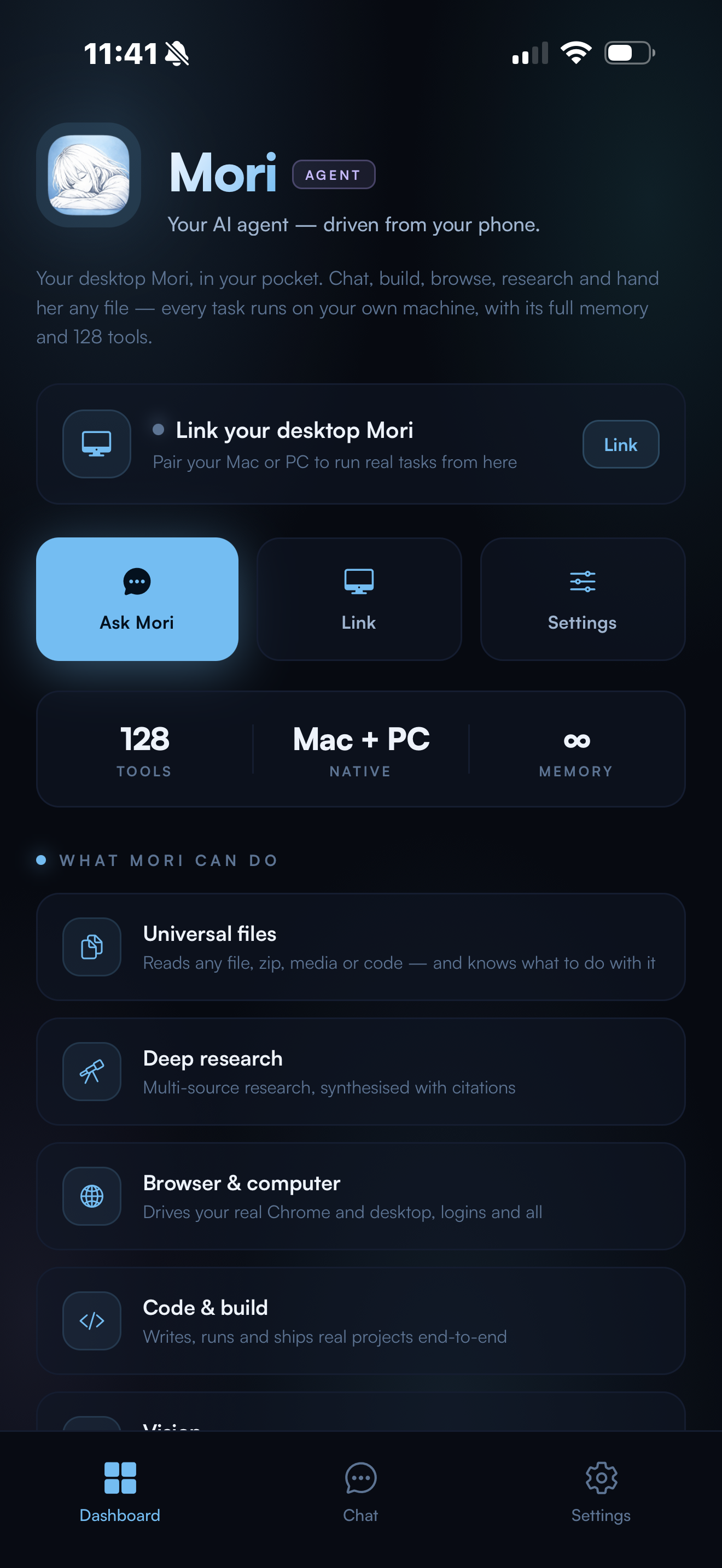 The Mori Link dashboard on iPhone
