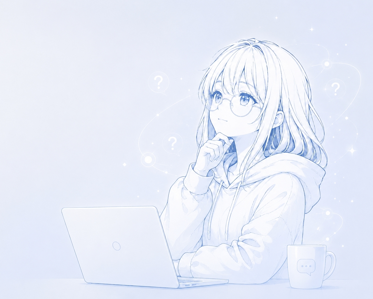 Mori at a laptop, questions drifting around her